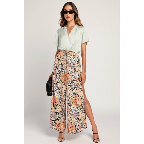 Lulus Pants - Lulu’s Capture the Blooms Black Multi Floral Print Wide Leg Pants Size XS NWT